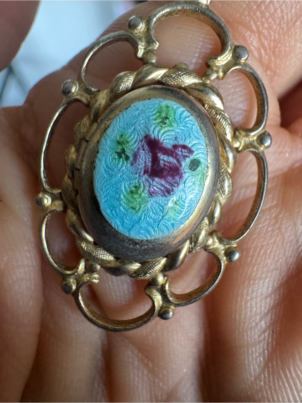 Antique Gold-Tone Blue Enamel Floral Pendant Necklace